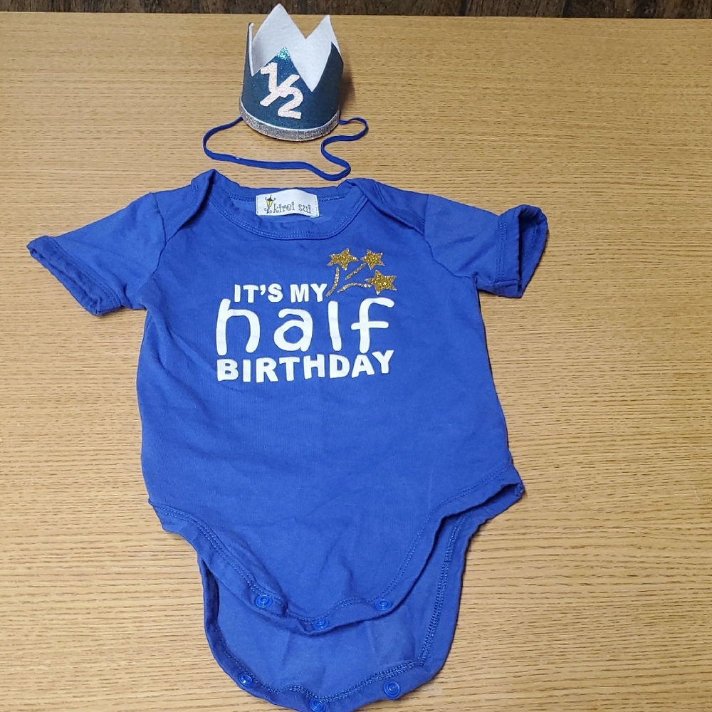 Blue Half Birthday Baby Onesie with Glitter Crown